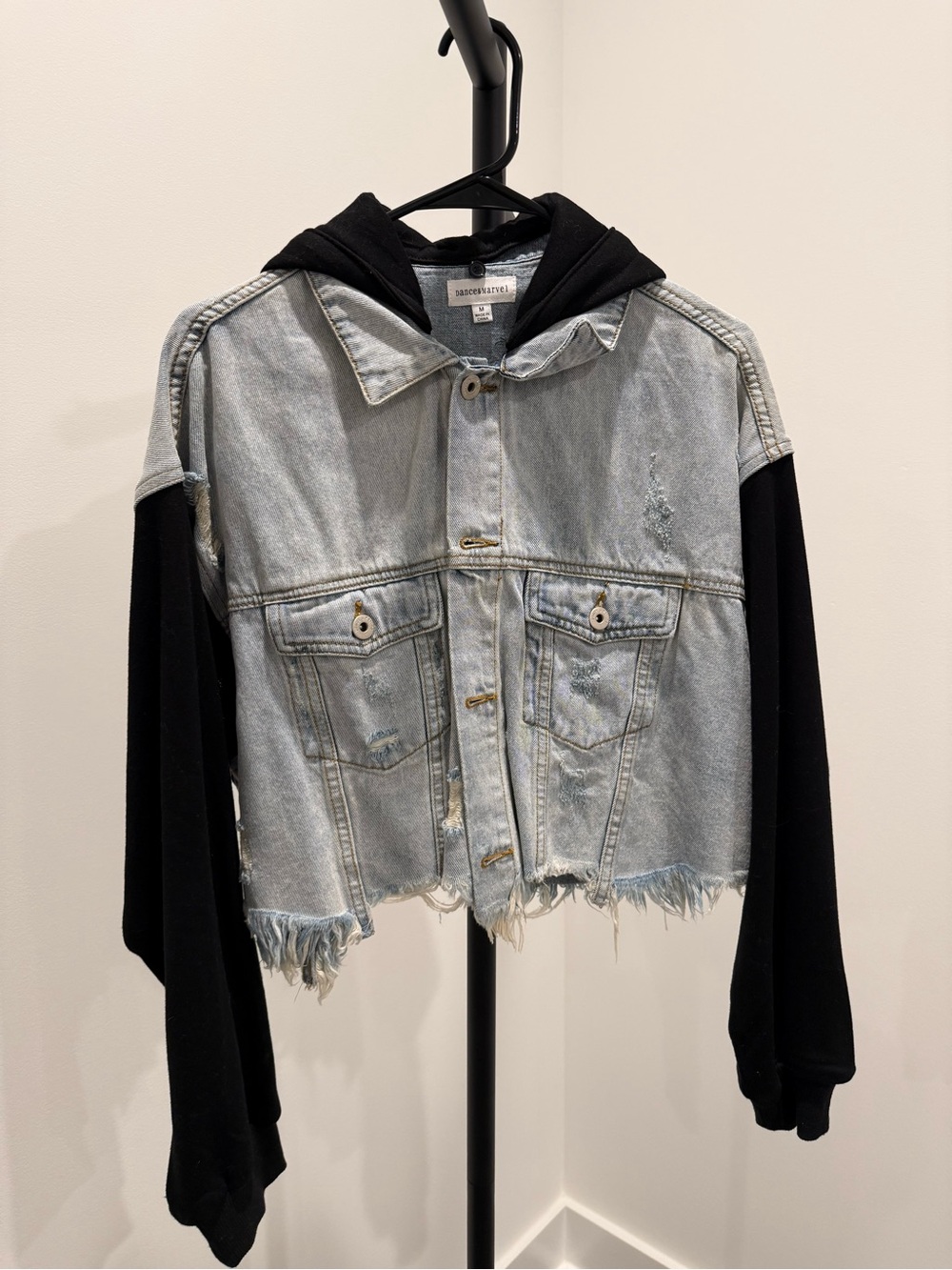 Dance & Marvel Light Blue Denim Cropped Jacket with Black Hoodie Sleeves